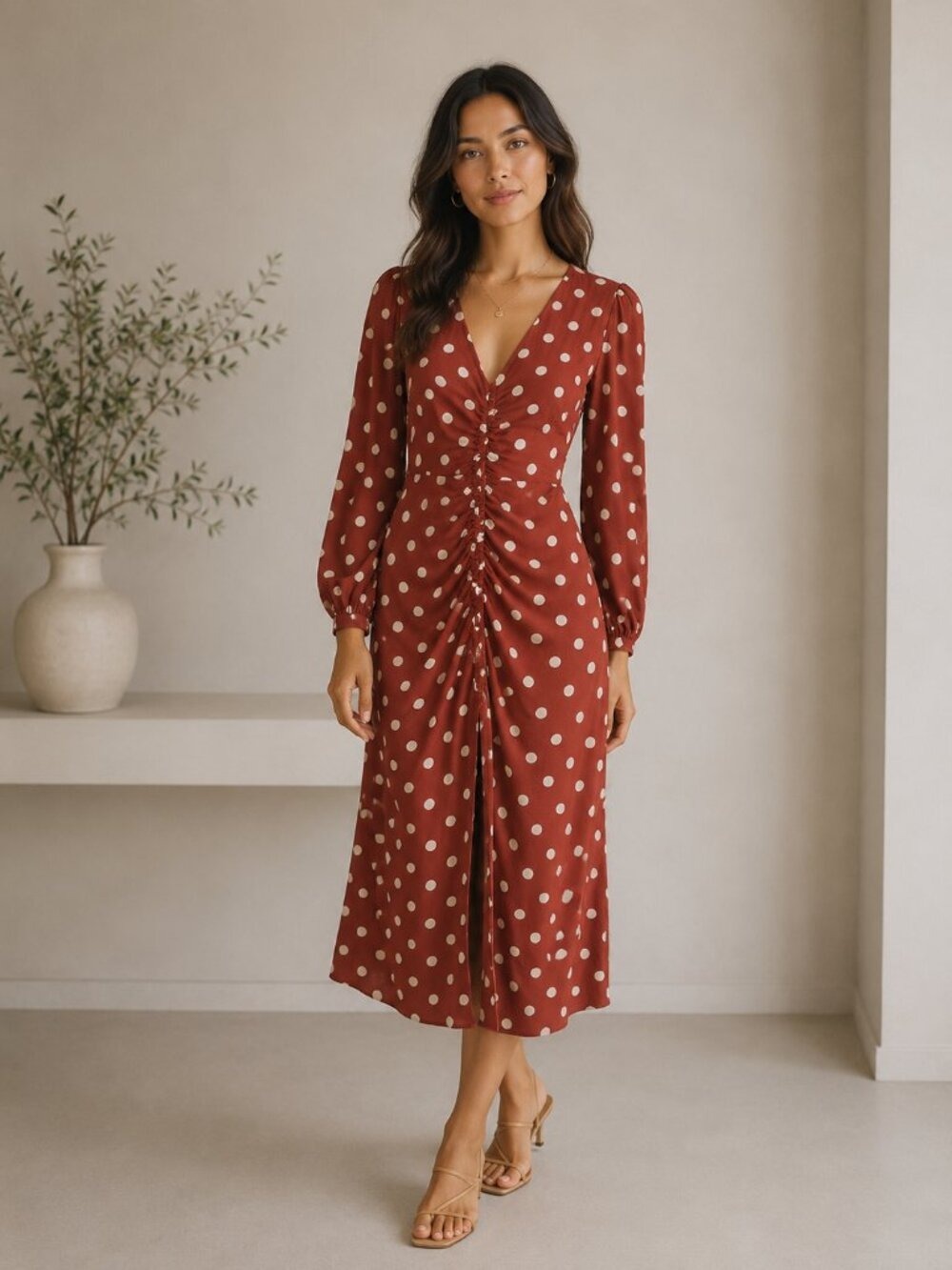 River Island Rust Brown Polka Dot Ruched Midi Dress Puff Sleeve UK 8 US 4 0722